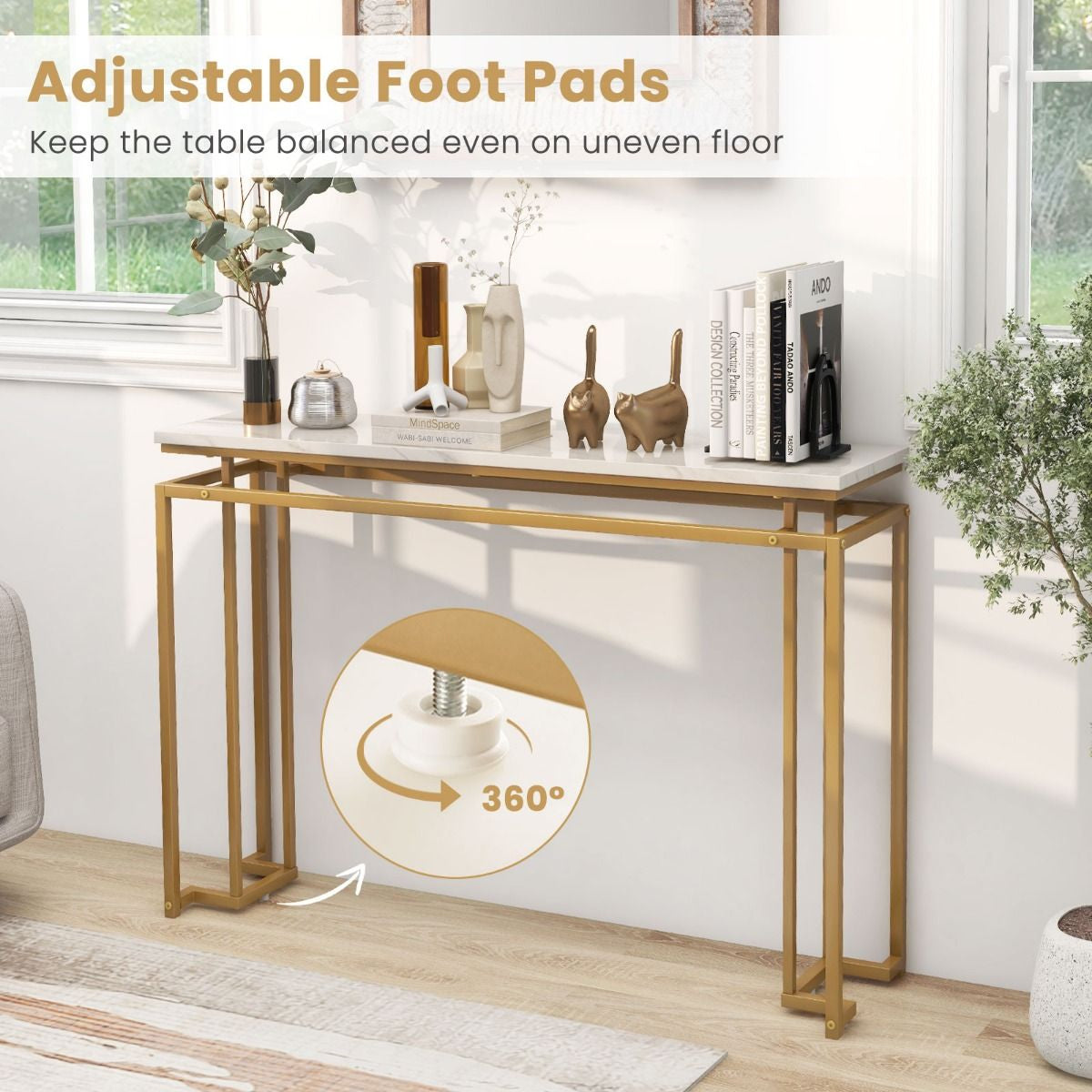 Gold Console Table – Faux Marble Top & Geometric Metal Frame
