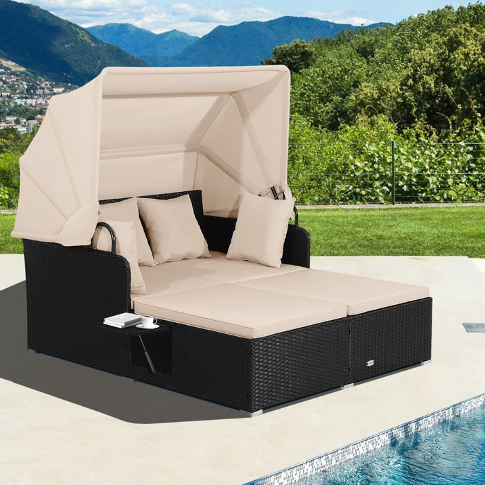 Rattan Daybed with Retractable Canopy, Cushions & Side Trays