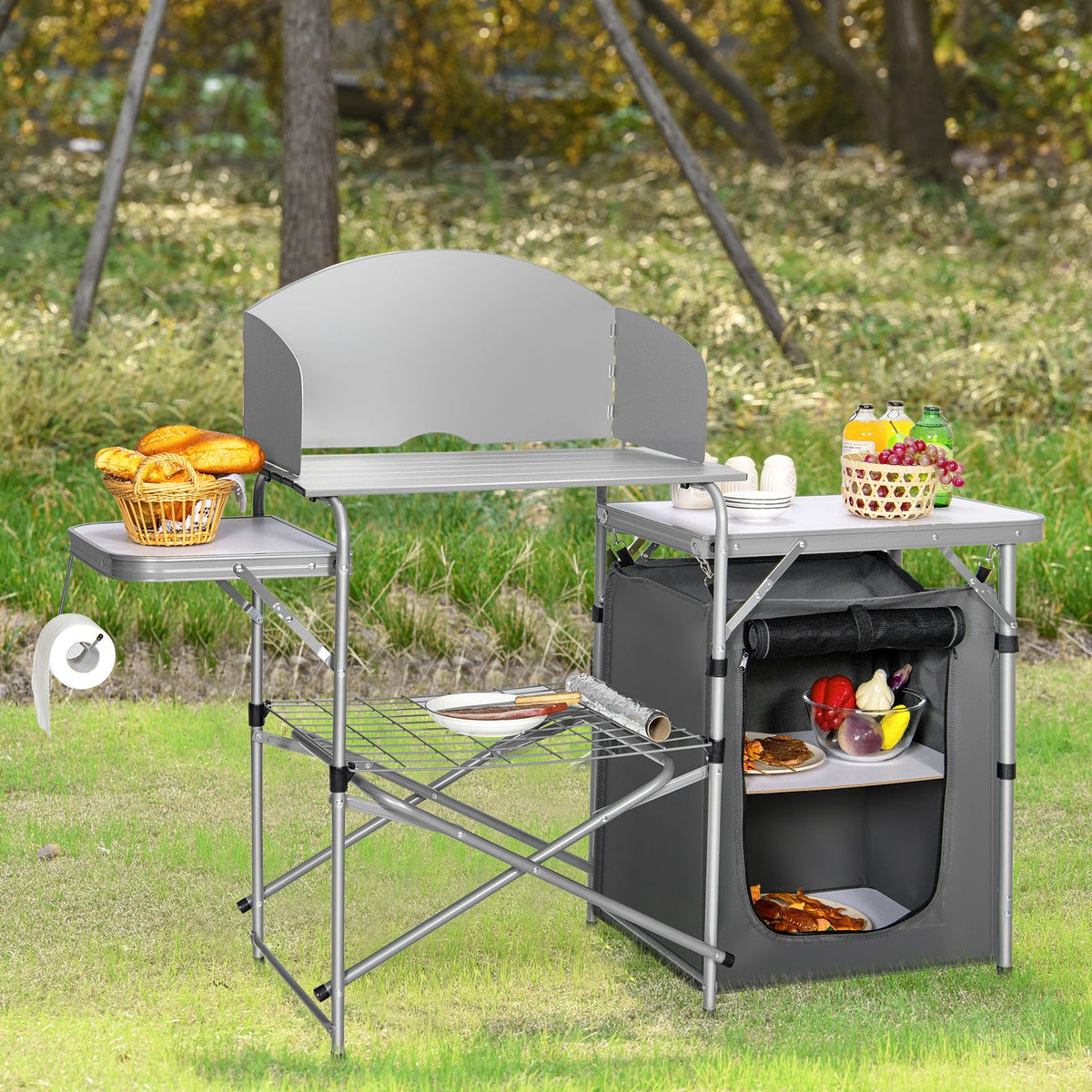 Camping Kitchen Table with Storage & Windscreen – Folding BBQ & Prep Station