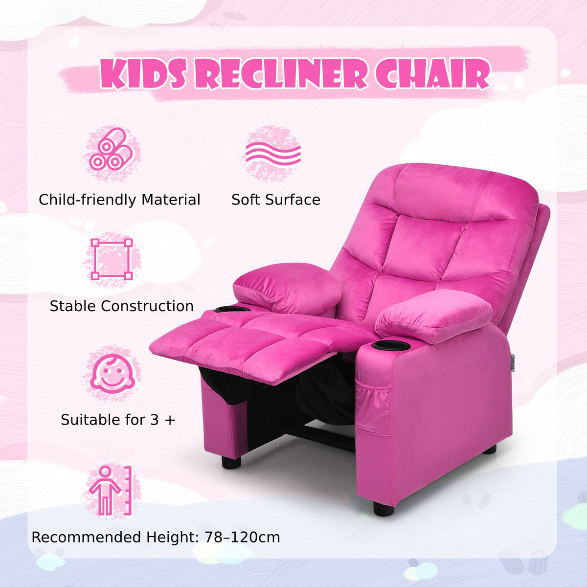 SEDOL Deluxe Larger Kids Recliner Armchair with Dual Cup Holders and Storage Pockets Premium Velvet Children’s Lounge Chair with 130° Adjustable Backrest & Pine Wood Frame