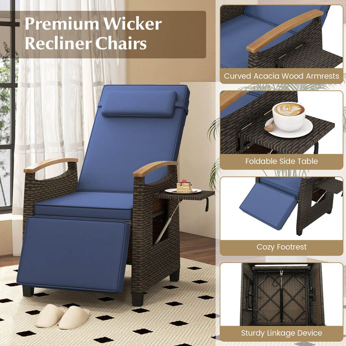 Patio Rattan Recliner Chair with Adjustable Backrest, Footrest & Flip Side Table