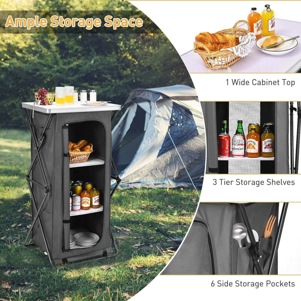 3-Tier Folding Camping Storage Cabinet with Side Pockets and Carry Bag