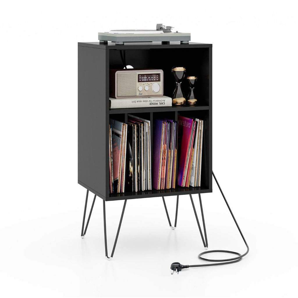 3-Tier Record Player Stand with Charging Station Shelf and 4 Dividers