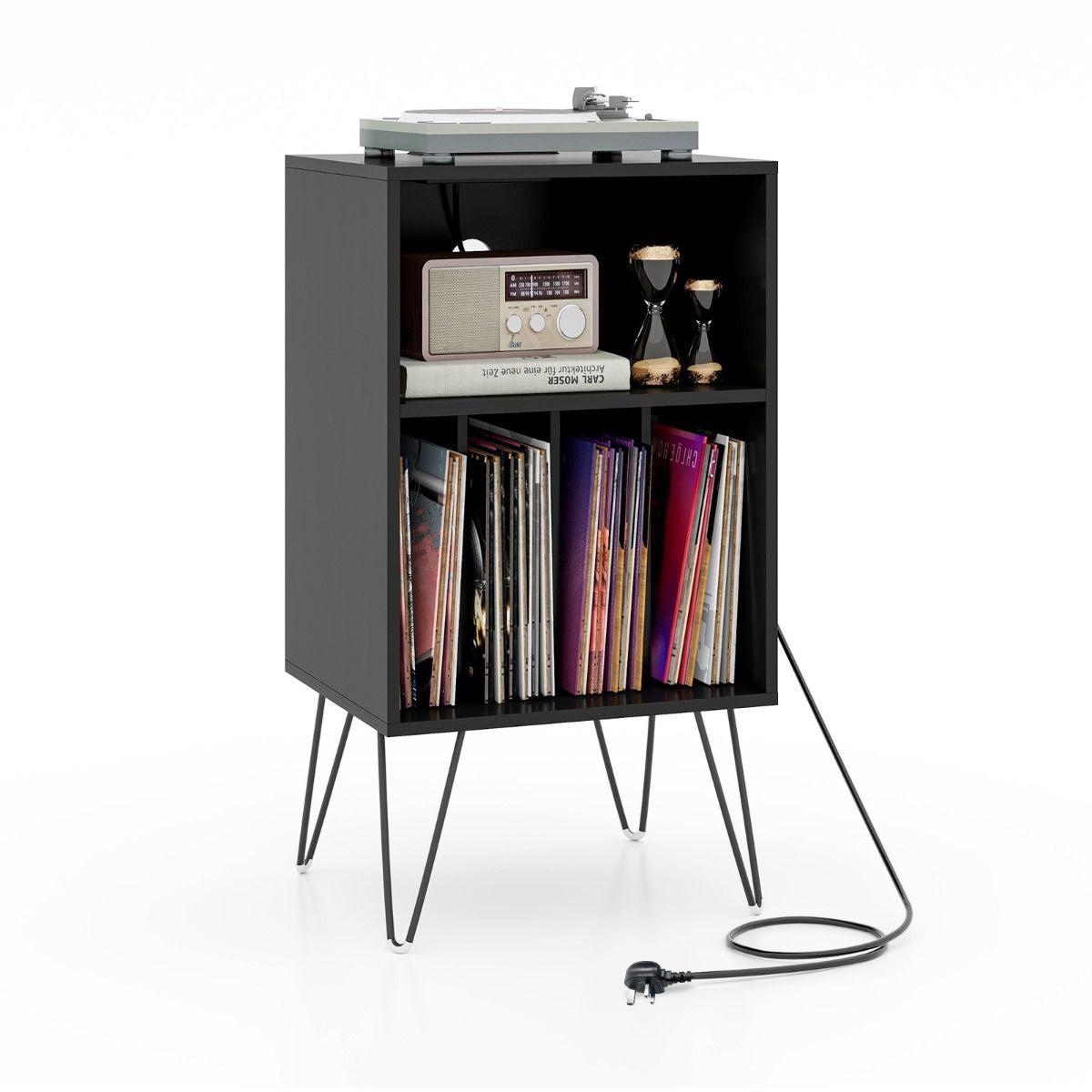 3-Tier Record Player Stand with Charging Station Shelf and 4 Dividers
