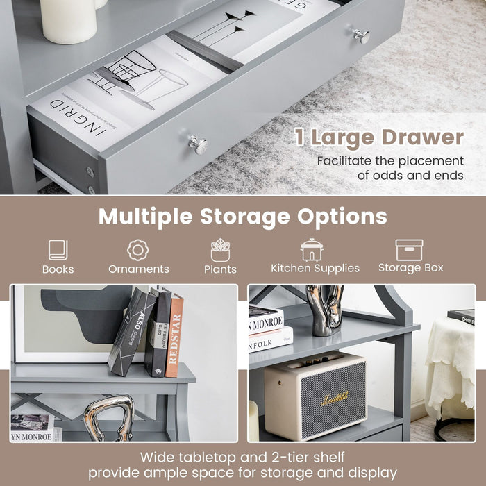3-Tier X-Shaped Console Table with Drawer and Open Storage Shelves