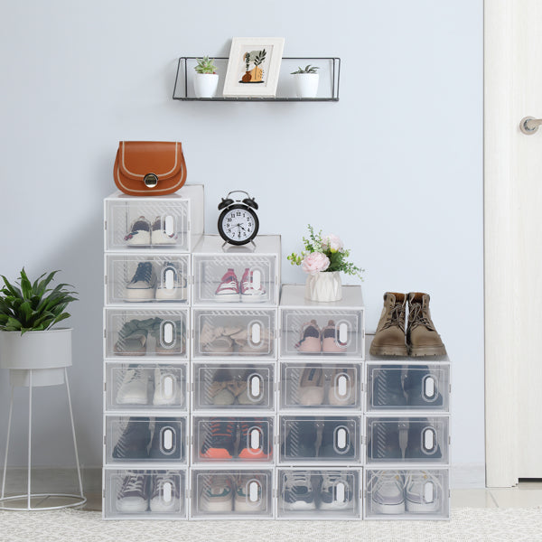 18-Pack Clear Shoe Storage Boxes – Stackable Plastic Organiser with Front Drop-Down Doors