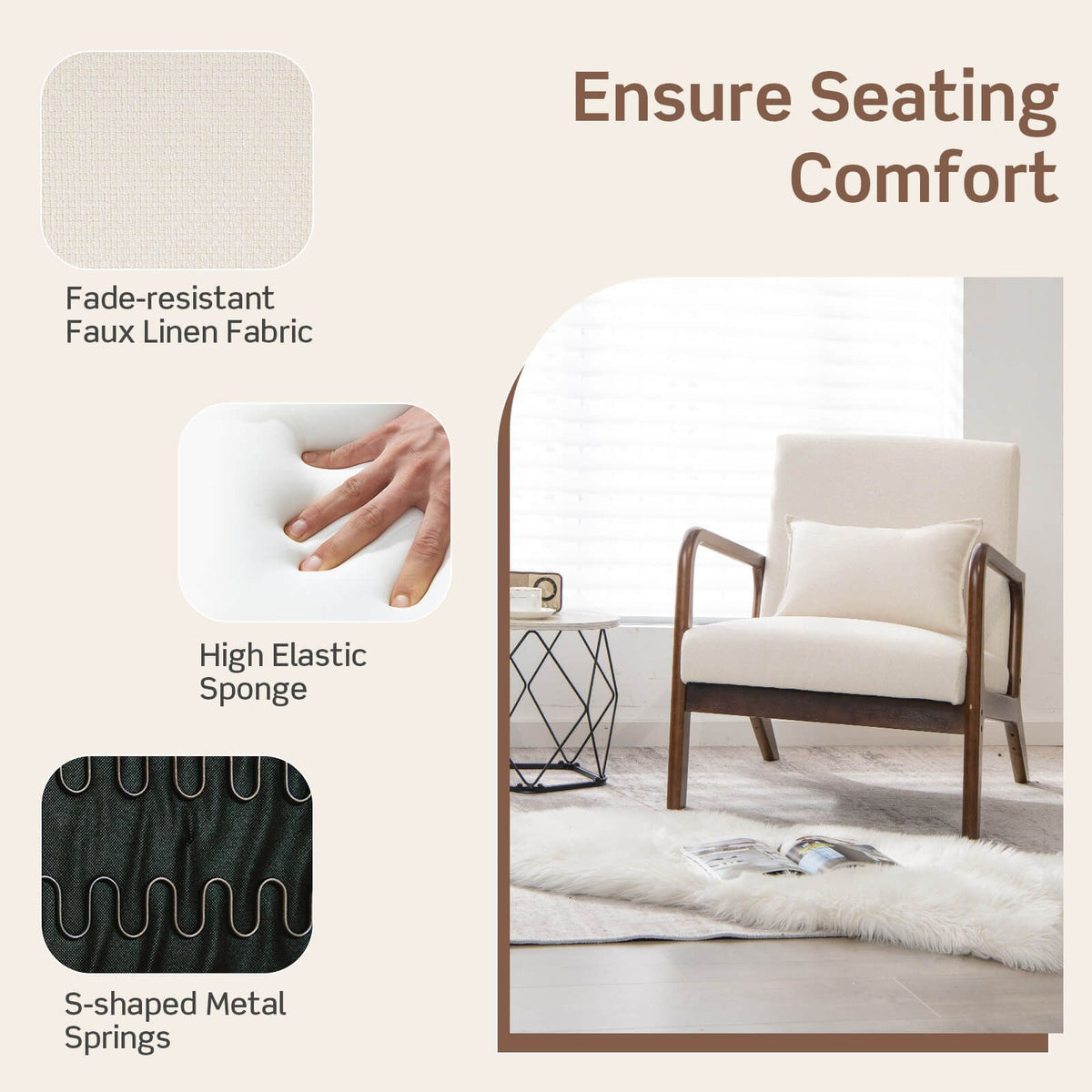 Modern Accent Chair with Lumbar Pillow and Rubber Wood Frame