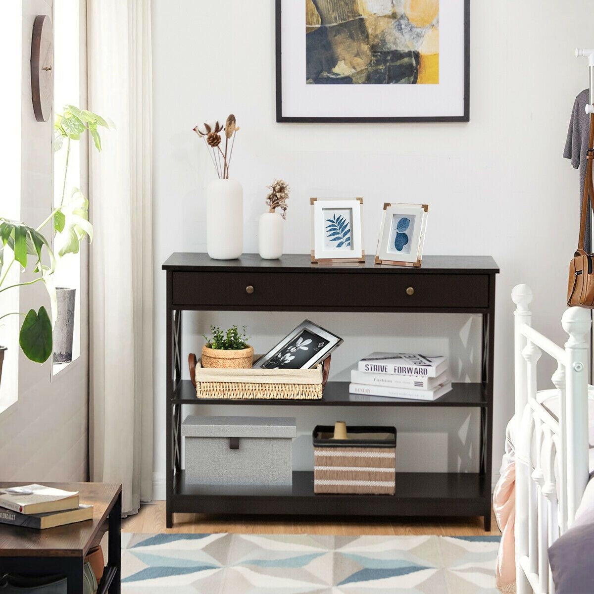 3-Tier Console Table with 1 Drawer and 2 Storage Shelves