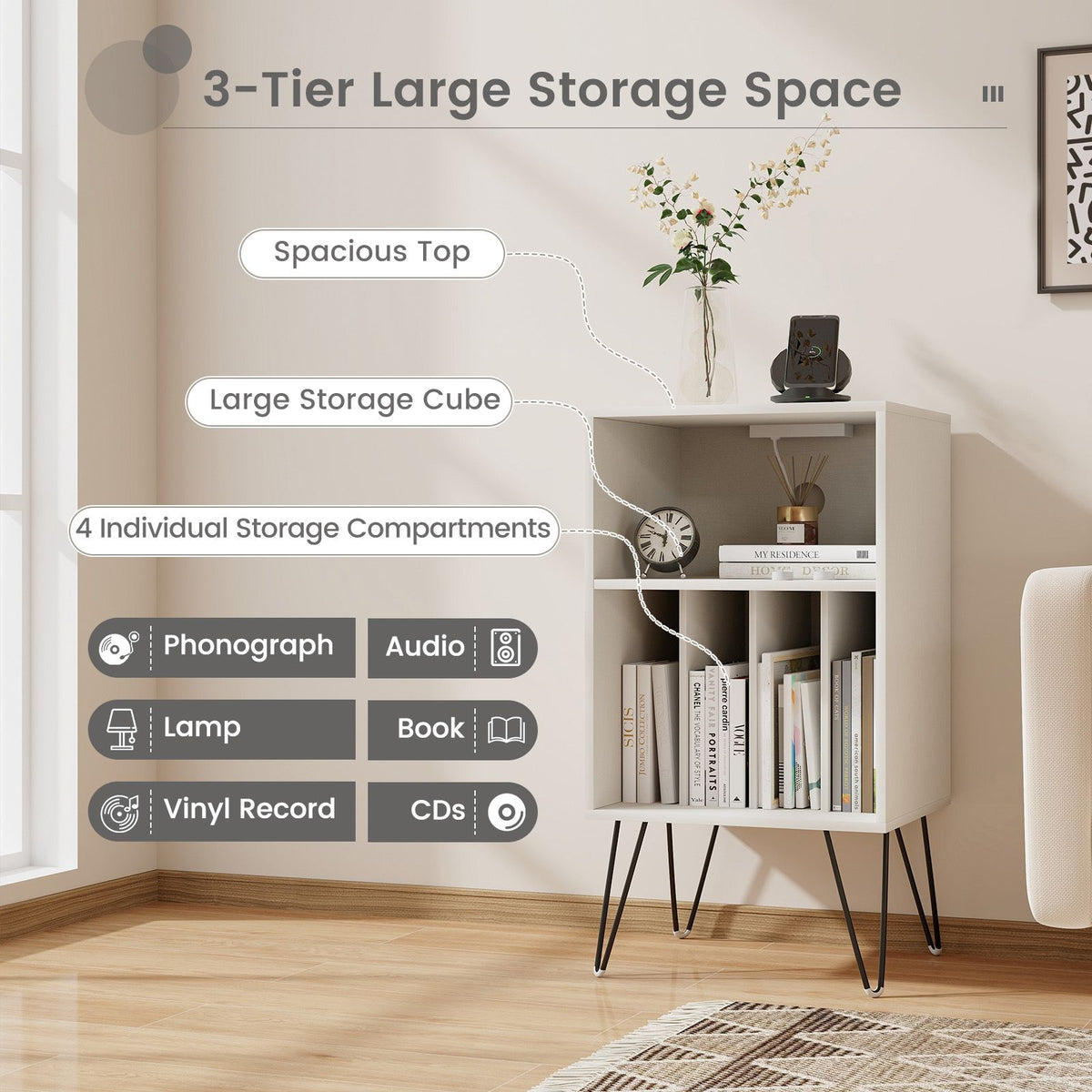 3-Tier Record Player Stand with Charging Station Shelf and 4 Dividers