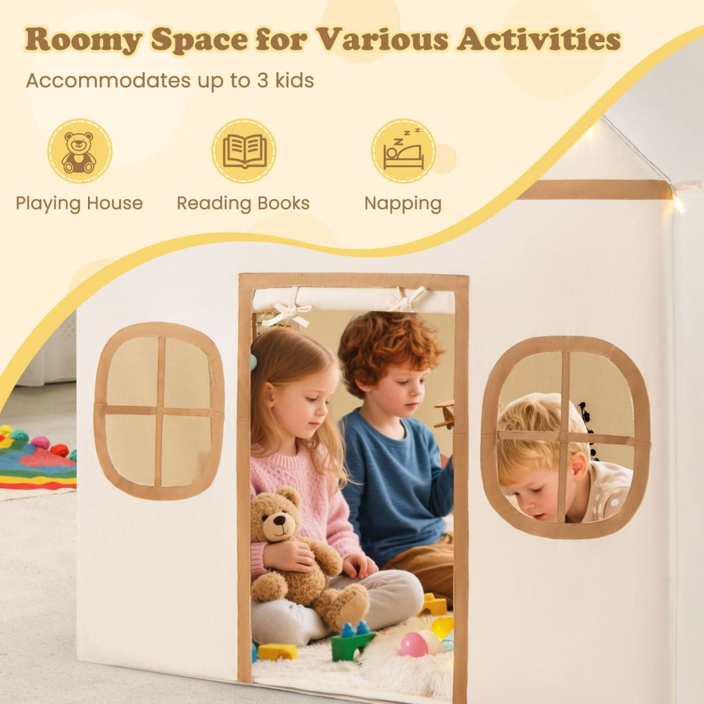 SEDOL Large Indoor Kids Playhouse with Plush Coral Velvet Mat and LED Star Lights Breathable Cotton-Blend Play Tent with Storage Pockets for Reading and Napping