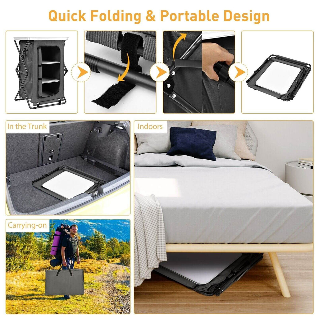 3-Tier Folding Camping Storage Cabinet with Side Pockets and Carry Bag