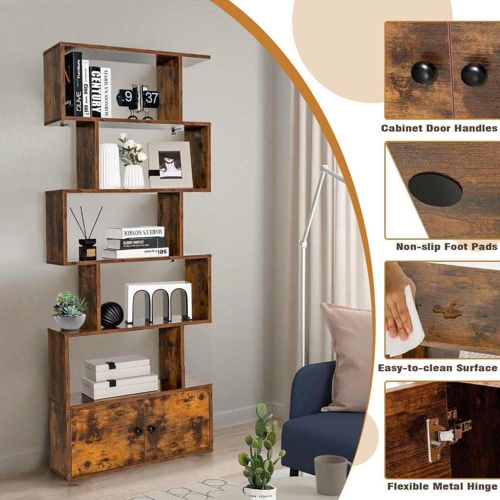 Industrial S-Shaped 5-Tier Bookcase with Cabinet