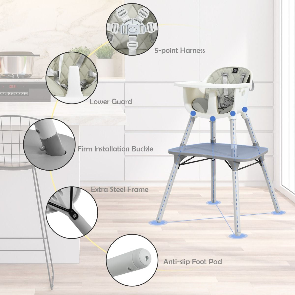 SEDOL 5-in-1 Convertible Baby High Chair & Independent Play Table Set with 5-Point Safety Harness 2-Position Removable Tray and Waterproof Easy-Clean Cushion