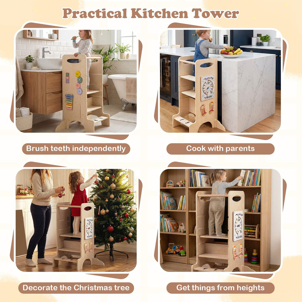 SEDOL 4-in-1 Montessori "Discovery Center" Learning Tower — Convertible Kitchen Helper Stool with Integrated Slide, High Chair, and 6-Feature Sensory Activity Station