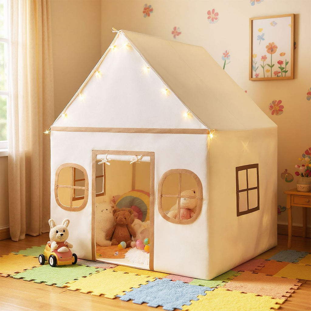 SEDOL Large Indoor Kids Playhouse with Plush Coral Velvet Mat and LED Star Lights Breathable Cotton-Blend Play Tent with Storage Pockets for Reading and Napping
