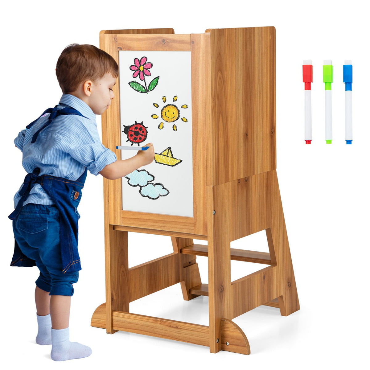 SEDOL 3-in-1 Montessori Learning Tower with Double-Sided Chalkboard & Whiteboard – Height-Adjustable Kitchen Helper Stool with Safety Rails and Anti-Tip Base