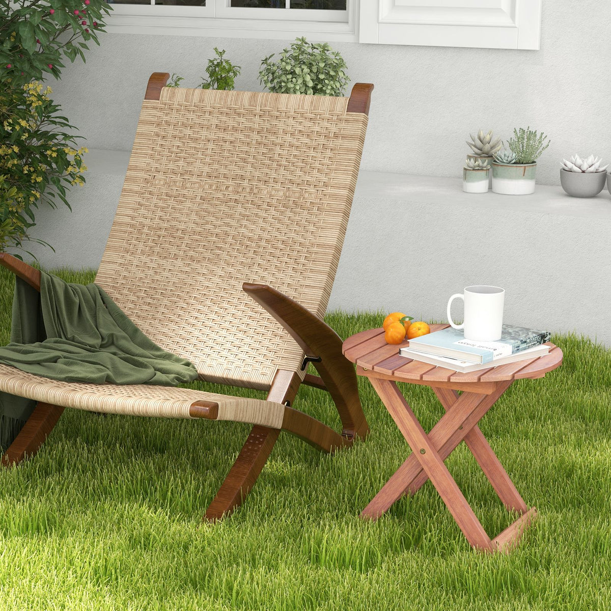 Wooden Side Table with Slatted Tabletop and Sturdy X-Shaped Frame