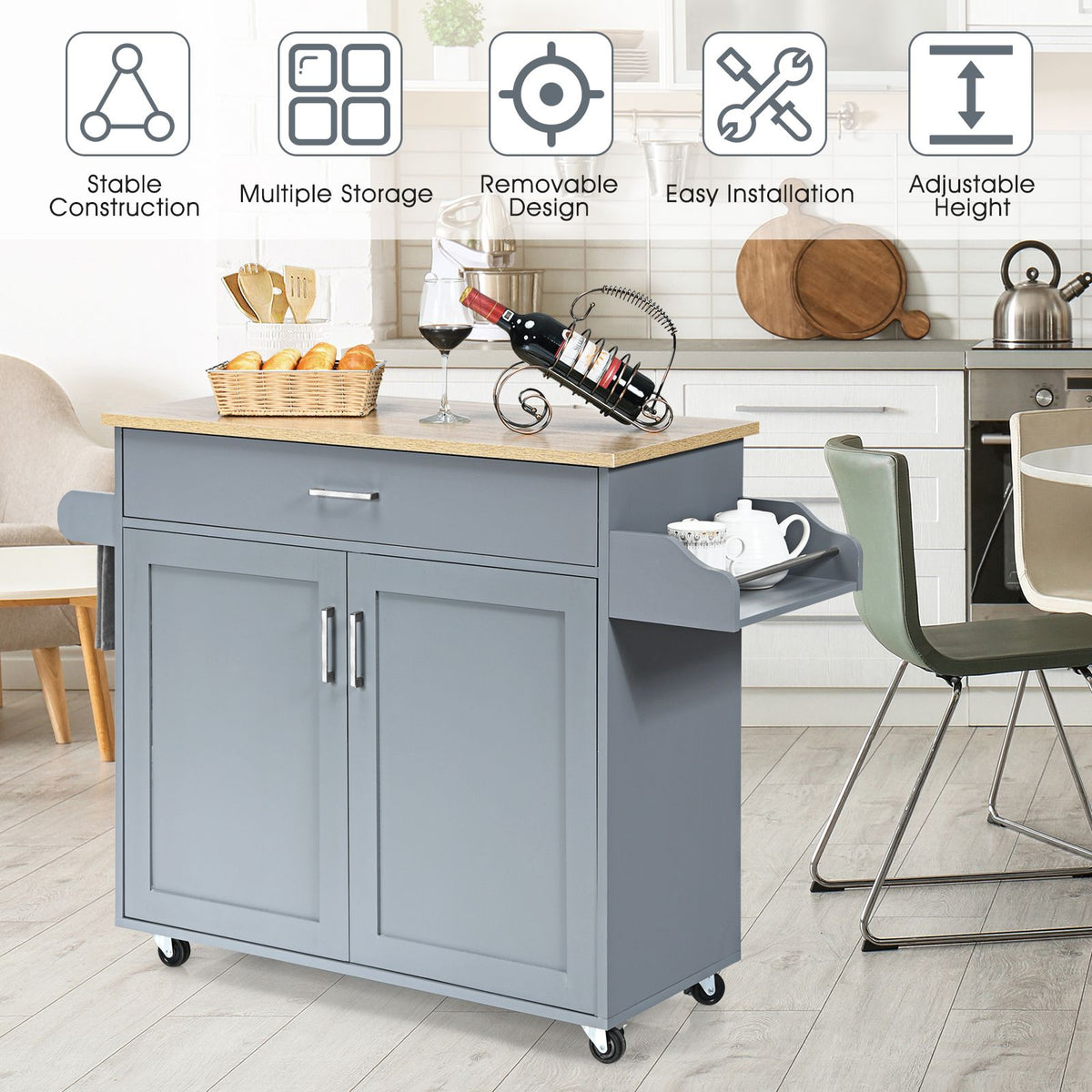 Rolling Kitchen Storage Trolley with Adjustable Shelf and Drawer