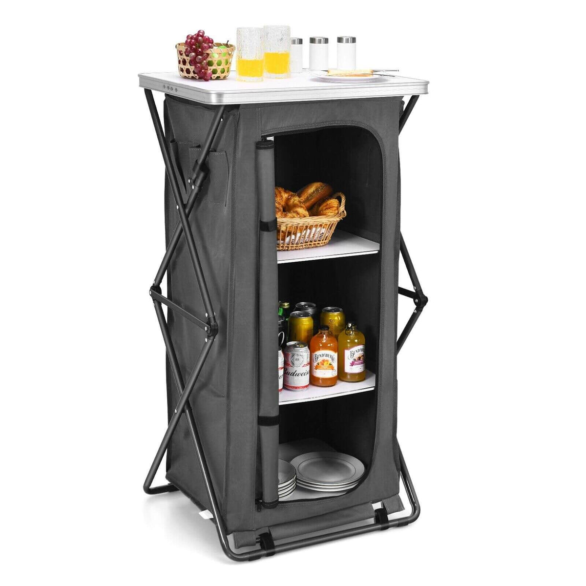 3-Tier Folding Camping Storage Cabinet with Side Pockets and Carry Bag
