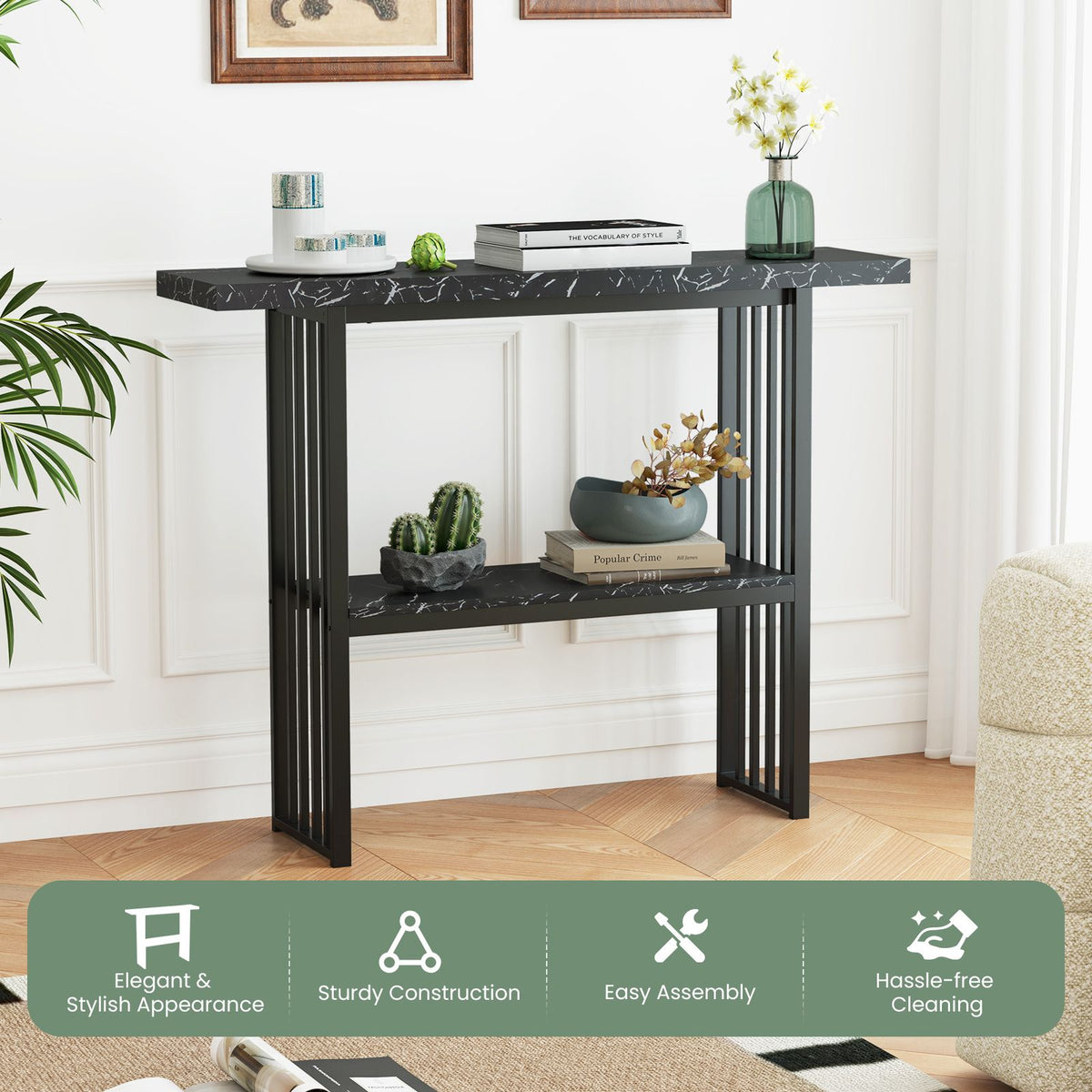 2-Tier Faux Marble Console Table for Entryway Living Room Bedroom