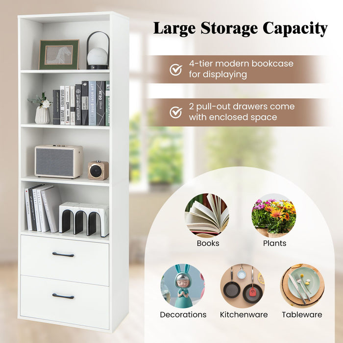 6-Tier Modern Wooden Bookshelf with 4 Open Shelves and 2 Drawers