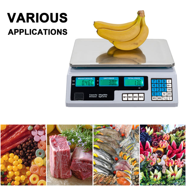 30–40kg  Digital Price Computing Scale – Vegetable & Retail Weighing Scale with Backlit LCD Display, 5g Precision & UK Plug – Silver & White