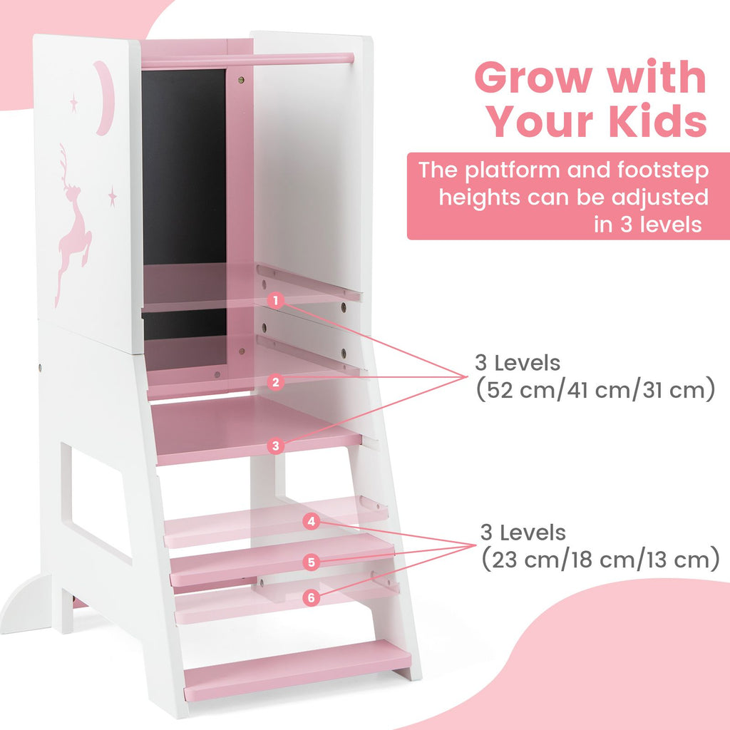 SEDOL 3-in-1 Montessori Learning Tower with Double-Sided Chalkboard & Whiteboard – Height-Adjustable Kitchen Helper Stool with Safety Rails and Anti-Tip Base