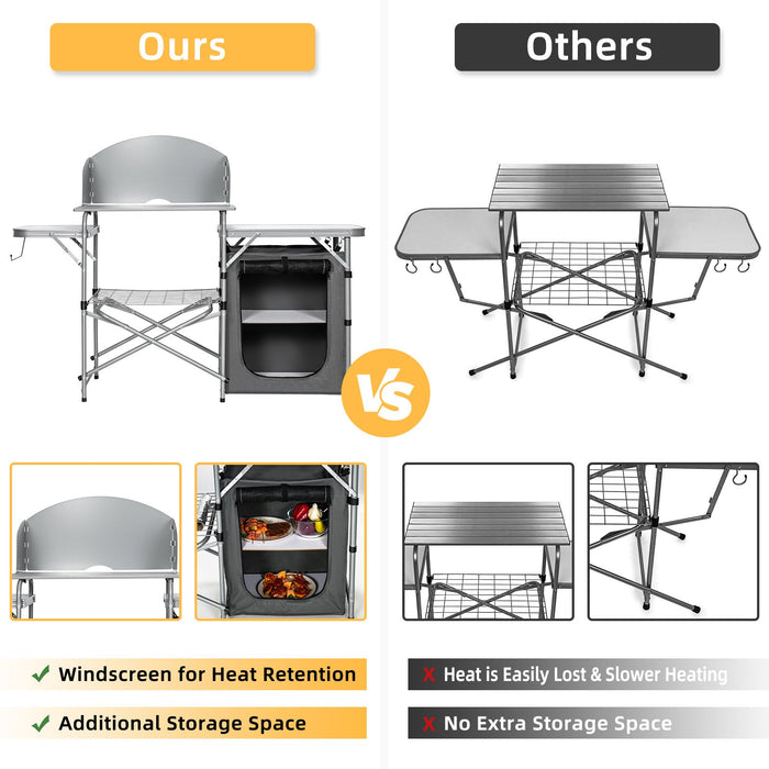 Camping Kitchen Table with Storage & Windscreen – Folding BBQ & Prep Station
