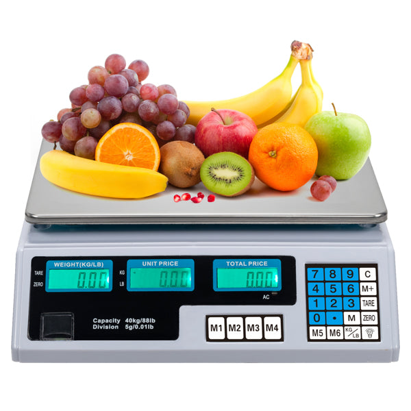 30–40kg  Digital Price Computing Scale – Vegetable & Retail Weighing Scale with Backlit LCD Display, 5g Precision & UK Plug – Silver & White