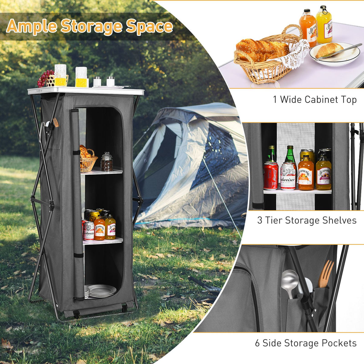 3-Tier Folding Camping Storage Cabinet with Side Pockets and Carry Bag