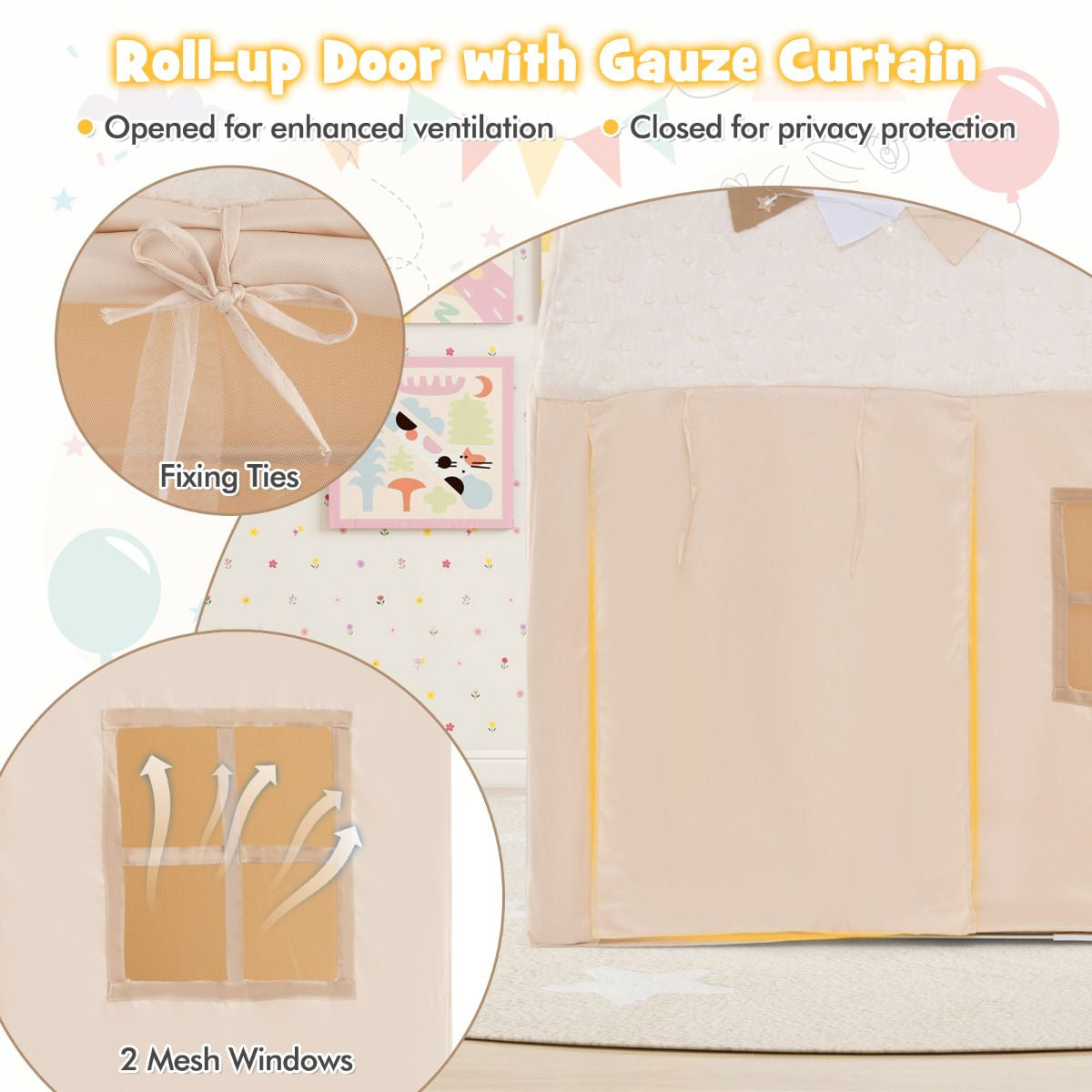 SEDOL Kids Play Tent with Glow-in-the-Dark Stars & Padded Mat Beige Indoor Playhouse with Fairy Lights and Bunting for Toddlers Nursery and Sensory Corner