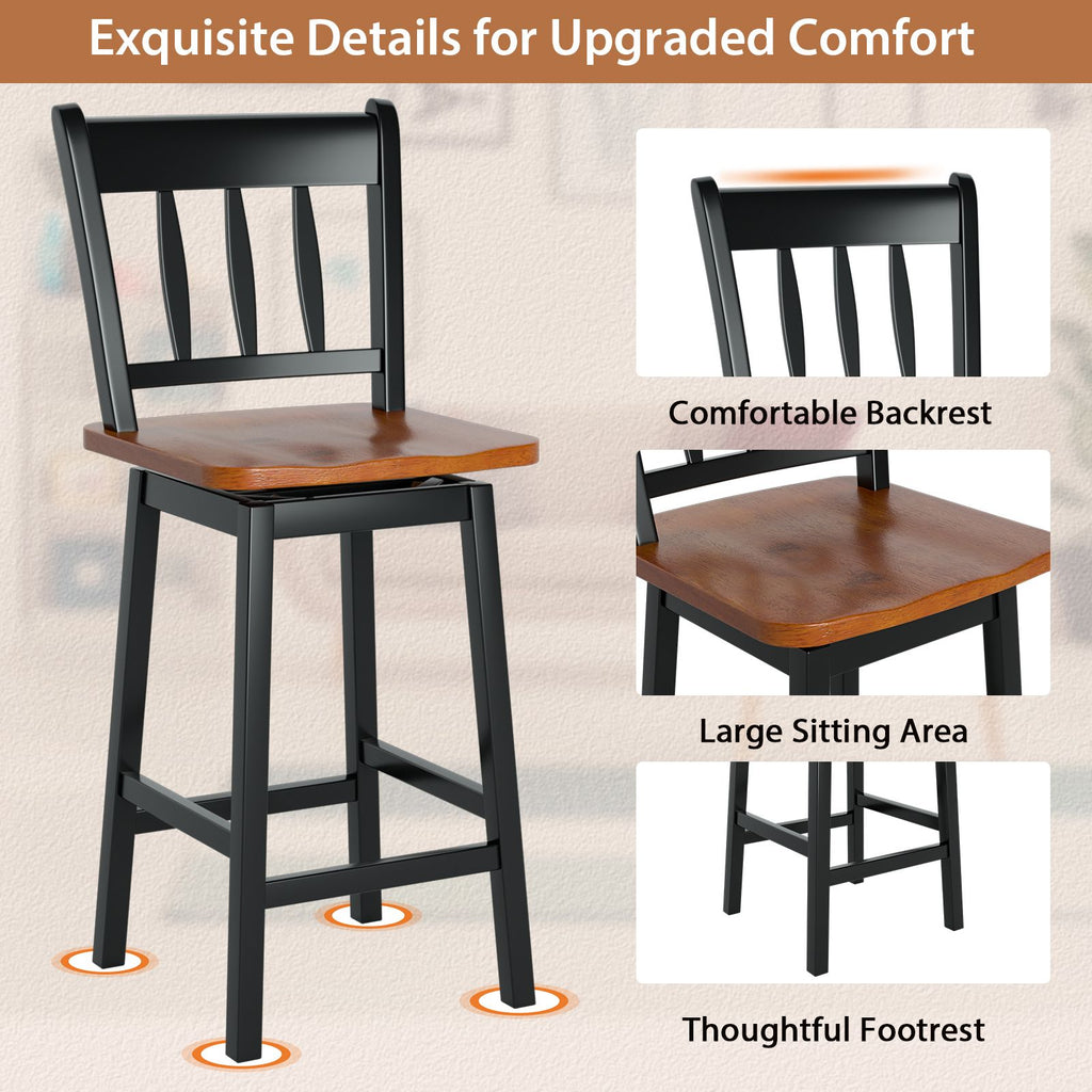 Set of 2 97Cm Swivel Rubber Wood Bar Stools with Backrest and Footrest