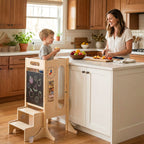 SEDOL 4-in-1 Folding Montessori Learning Tower & Sensory Activity Station — Convertible Kitchen Helper Stool with Art Easel, Step Stool, and Detachable Safety Net
