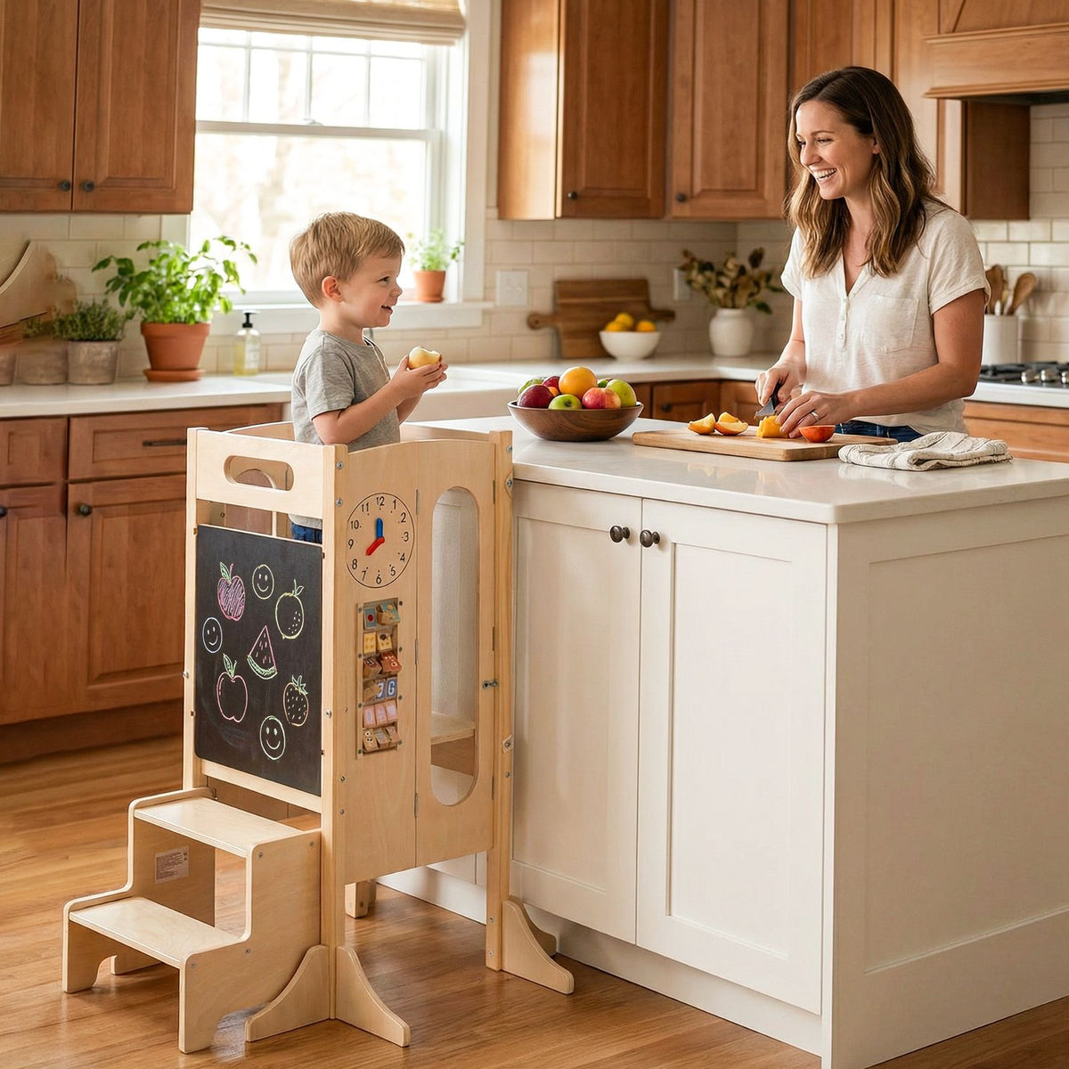 SEDOL 4-in-1 Folding Montessori Learning Tower & Sensory Activity Station — Convertible Kitchen Helper Stool with Art Easel, Step Stool, and Detachable Safety Net