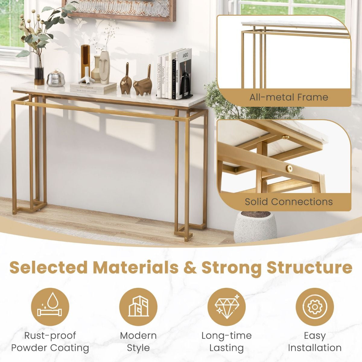 Gold Console Table – Faux Marble Top & Geometric Metal Frame