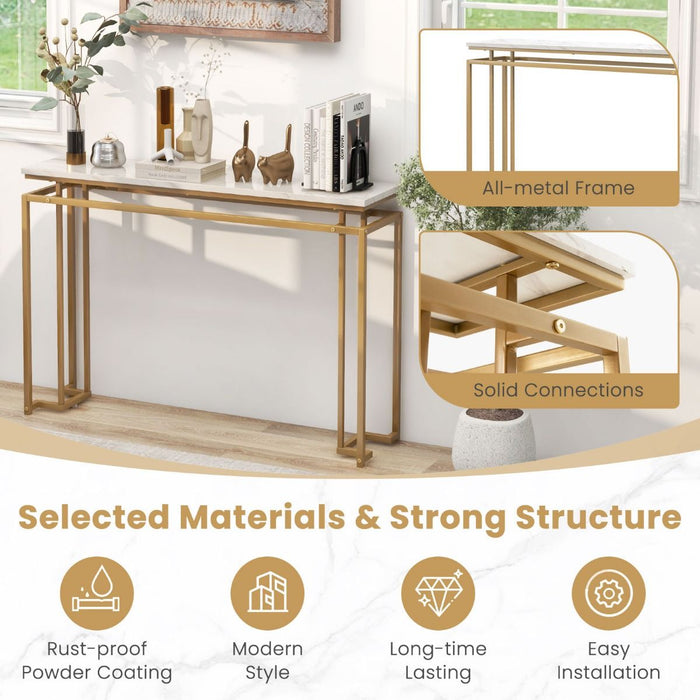 Gold Console Table – Faux Marble Top & Geometric Metal Frame