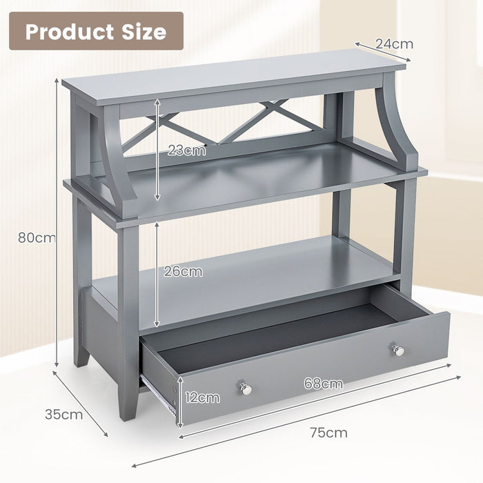 3-Tier X-Shaped Console Table with Drawer and Open Storage Shelves