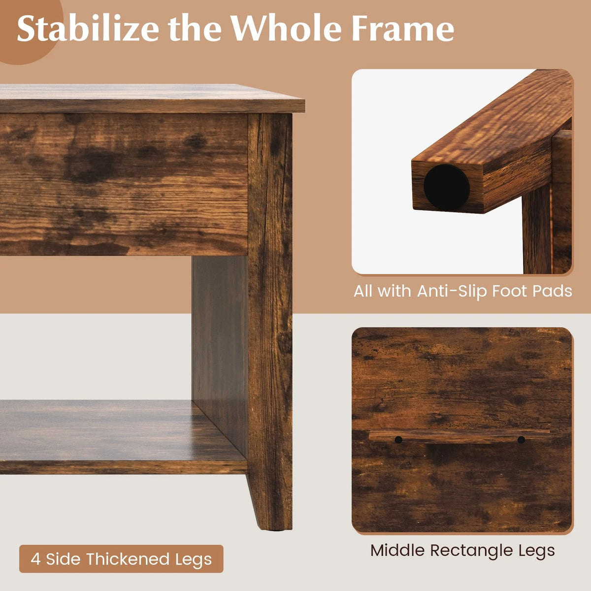 Rising Center Table with Lift Top Hidden Compartment