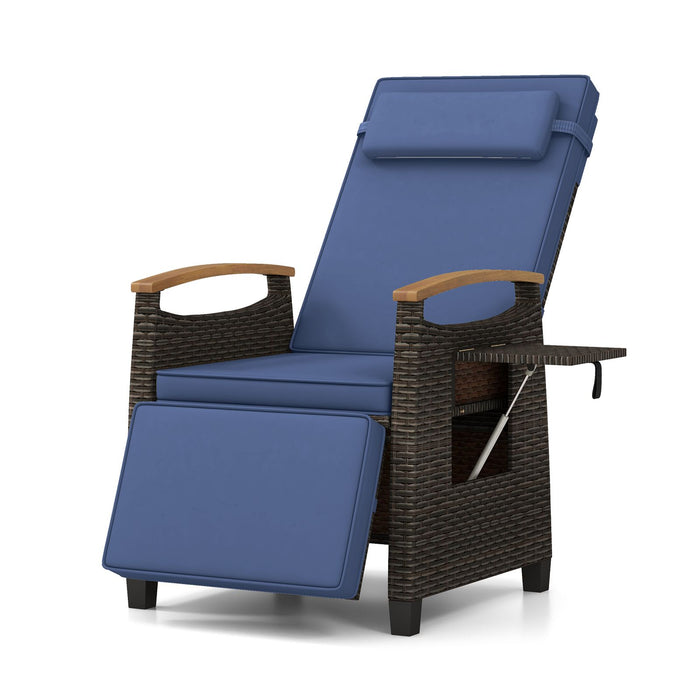 Patio Rattan Recliner Chair with Adjustable Backrest, Footrest & Flip Side Table