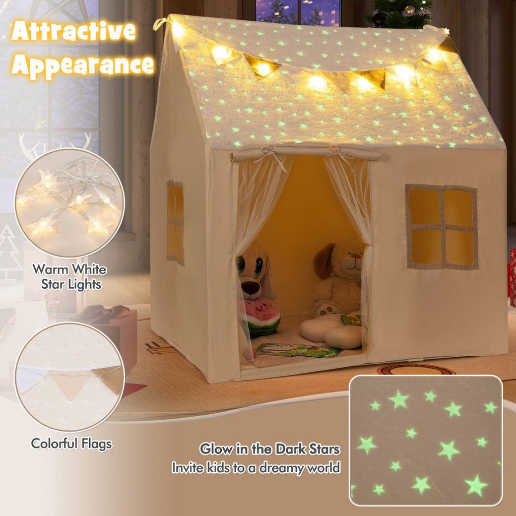 SEDOL Kids Play Tent with Glow-in-the-Dark Stars & Padded Mat Beige Indoor Playhouse with Fairy Lights and Bunting for Toddlers Nursery and Sensory Corner