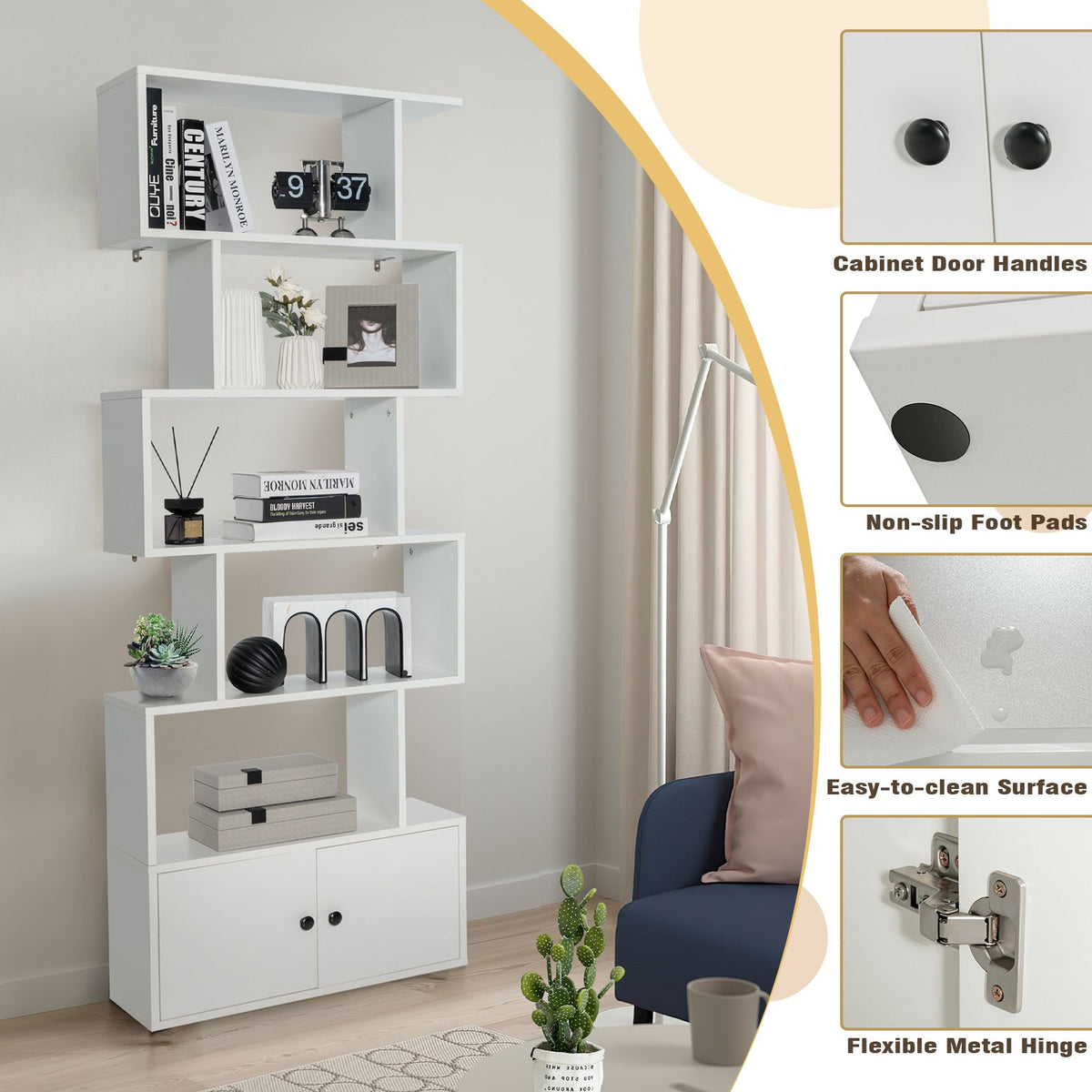 Industrial S-Shaped 5-Tier Bookcase with Cabinet