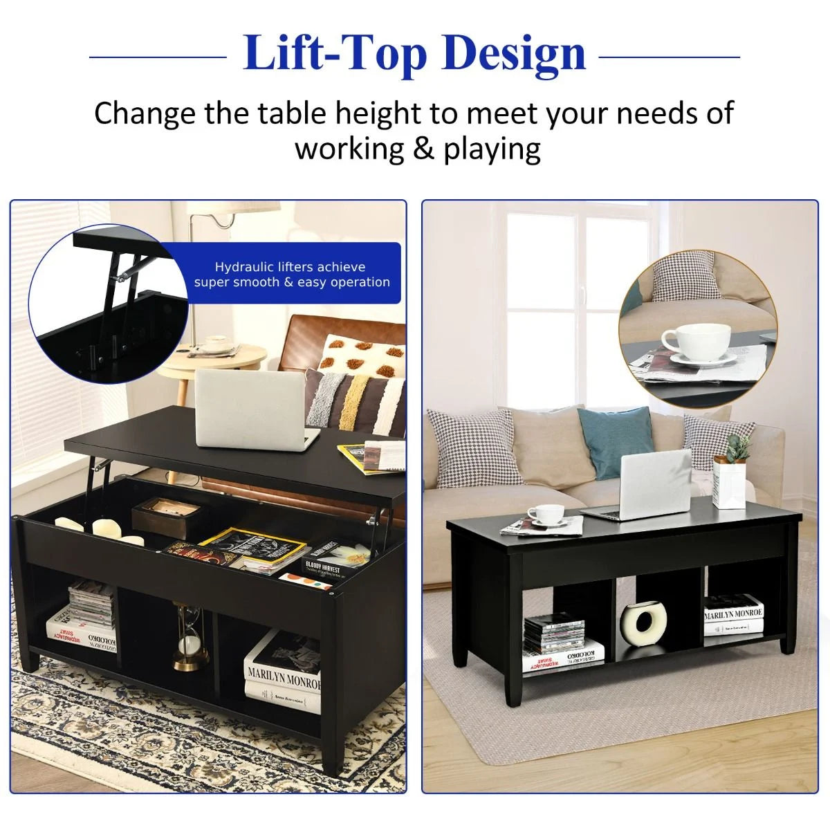Rising Center Table with Lift Top Hidden Compartment