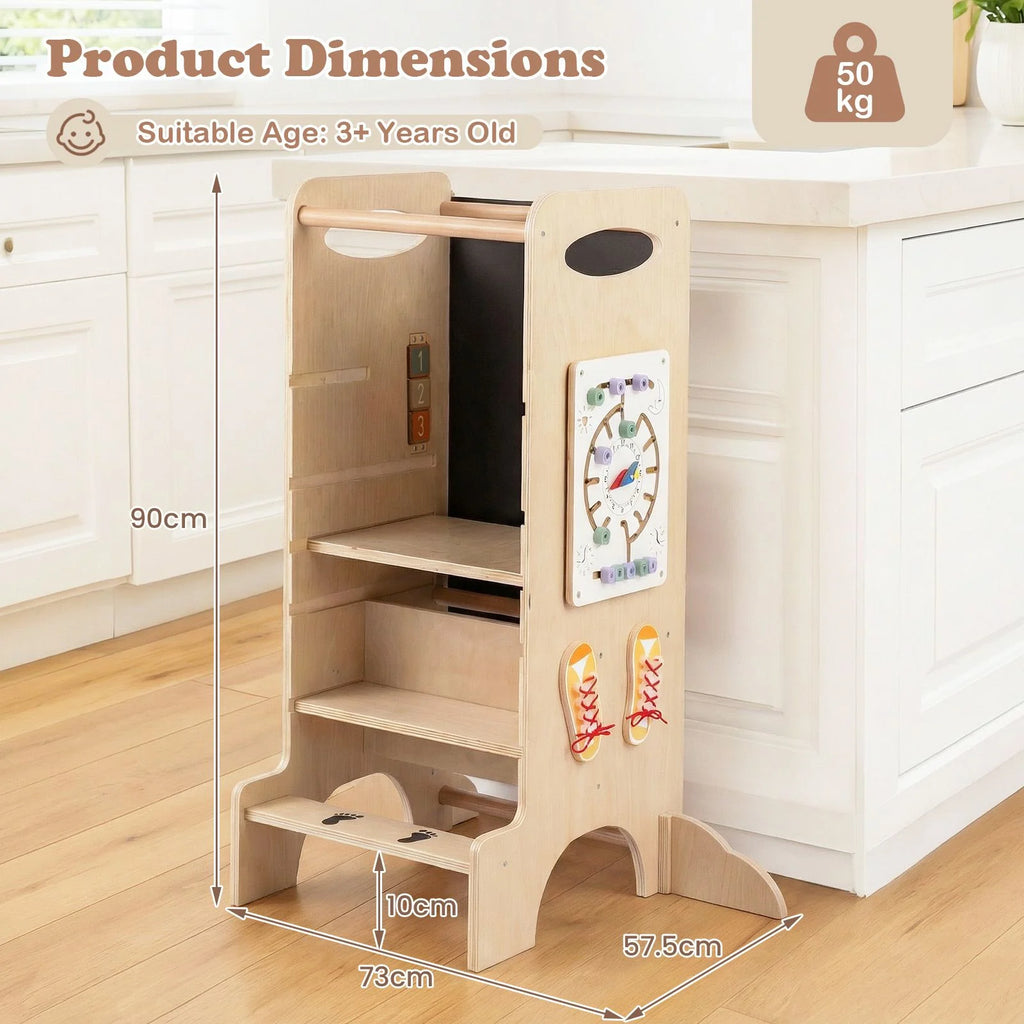 SEDOL 4-in-1 Montessori "Discovery Center" Learning Tower — Convertible Kitchen Helper Stool with Integrated Slide, High Chair, and 6-Feature Sensory Activity Station