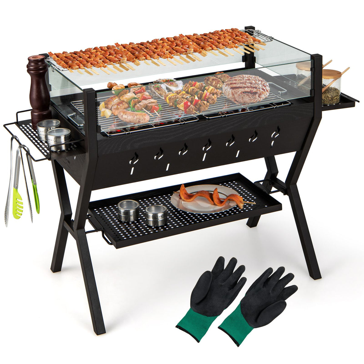 Charcoal Barbecue Grill with Wind Guard & Seasoning Racks