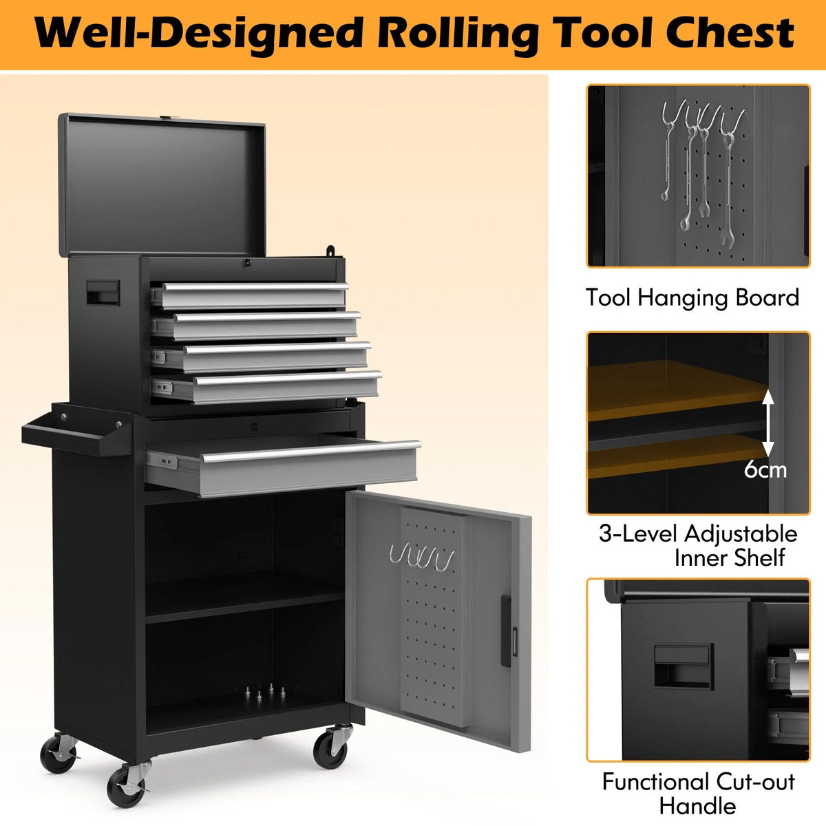High-Capacity Rolling Tool Cabinet – Lockable Wheels, Metal 2‑in‑1 Chest & Base
