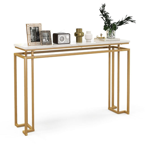 Gold Console Table – Faux Marble Top & Geometric Metal Frame