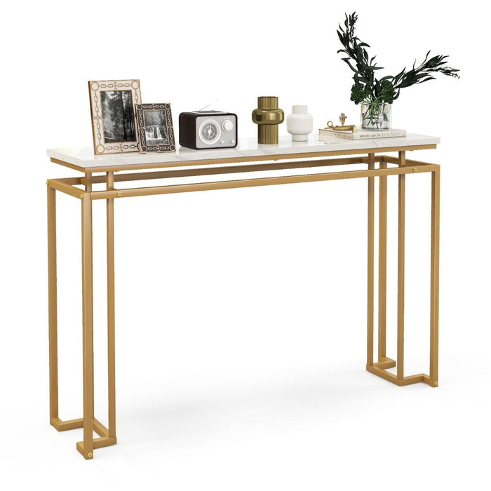 Gold Console Table – Faux Marble Top & Geometric Metal Frame