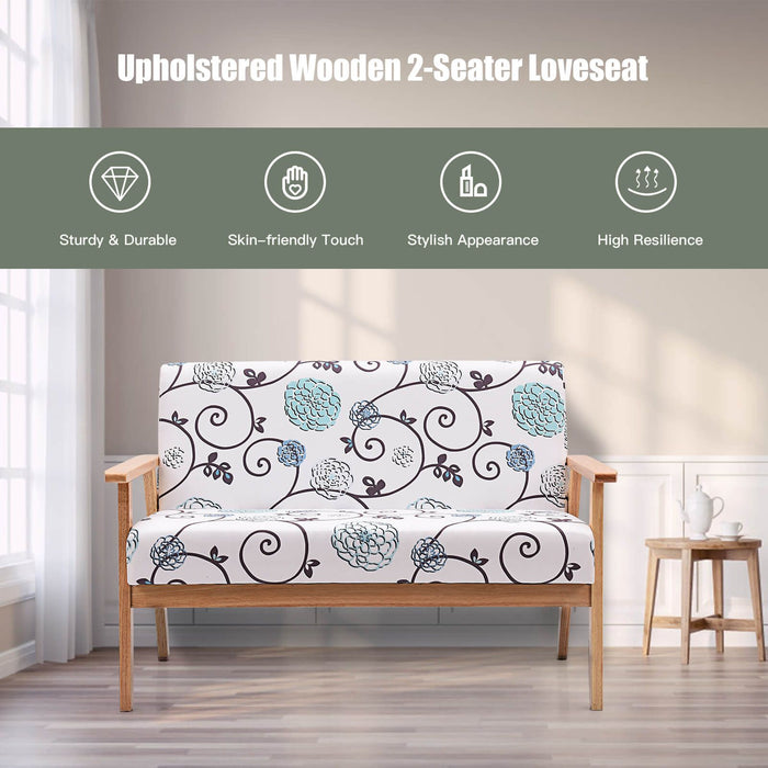 2-Seater Wooden Upholstered Loveseat with Rubber Wood Armrests
