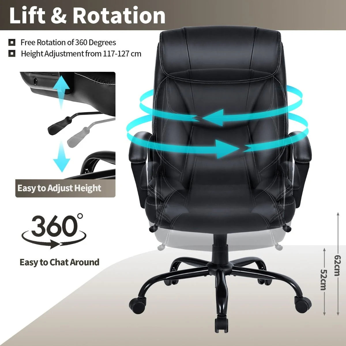 Executive Office Chair Height Adjustable Leather Computer Desk Chair with Rocking Backrest