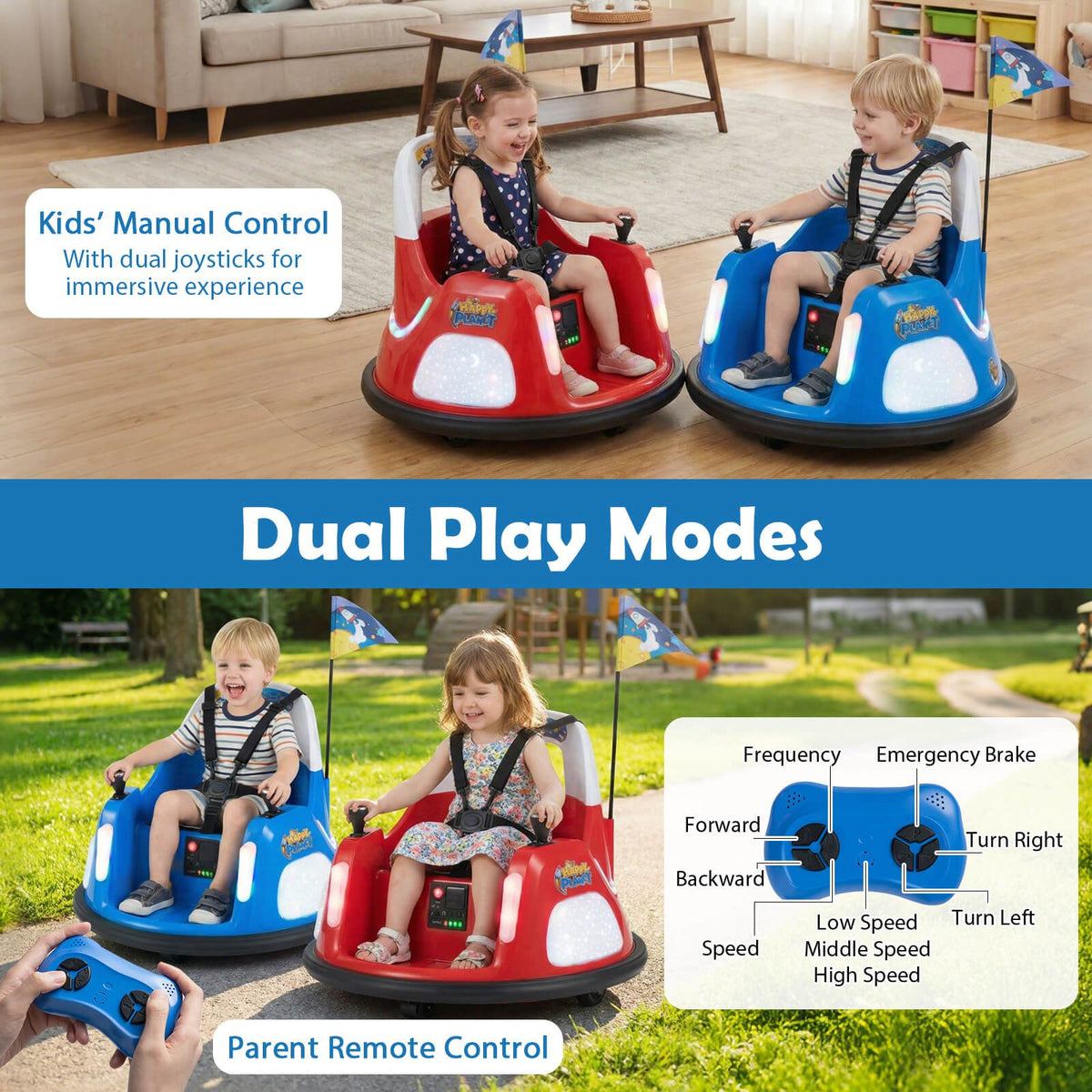 SEDOL 12V High-Performance Kids Bumper Car with 5-Point Safety Harness 360° Zero-Turn Dual Joysticks Parental Remote Control and 5-Mode LED Light Show